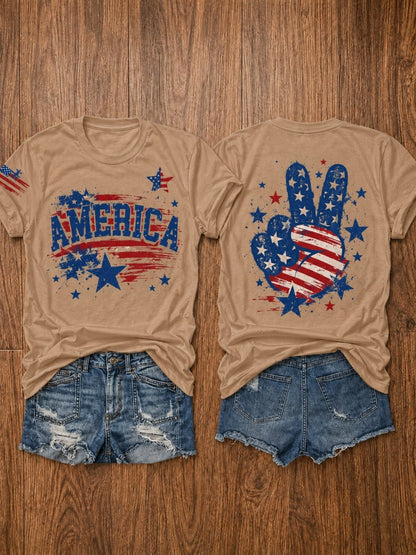 Women's Patriotic Graphic T-Shirt - Crew Neck Short Sleeve – Dark Green / Grey detail view
