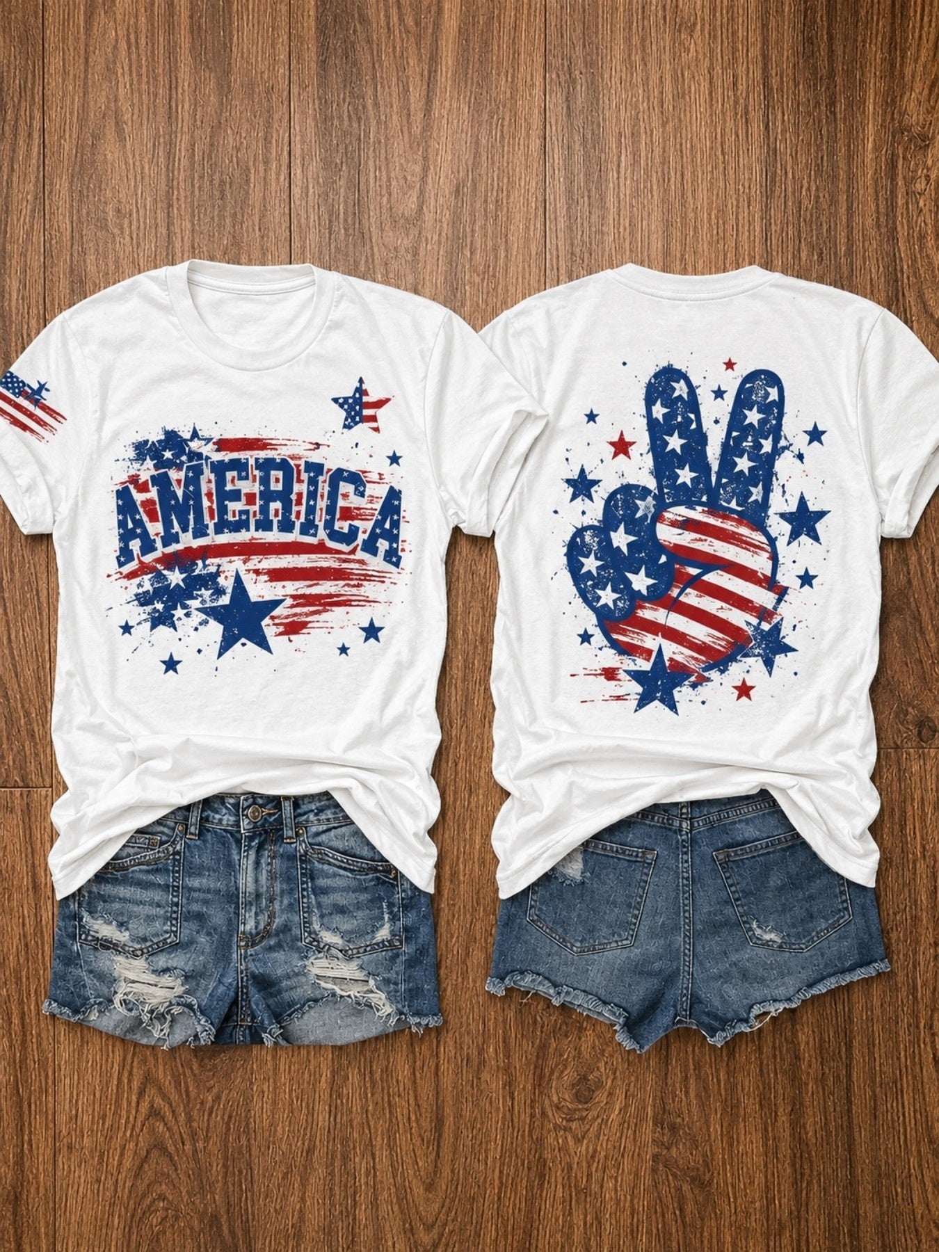 Women's Patriotic Graphic T-Shirt - Crew Neck Short Sleeve – Dark Green / Grey – Green option – view 3