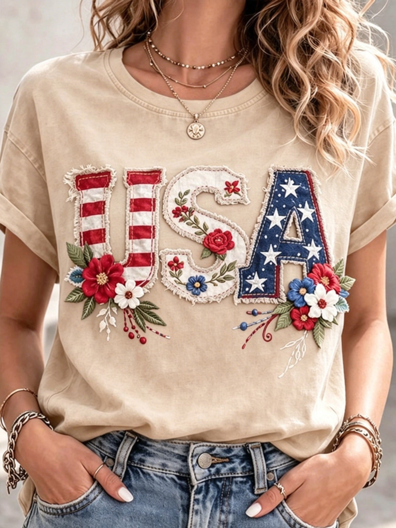 Women's Patriotic Graphic T-Shirt - Round Neck Short Sleeve – 9-Color Selection detail view
