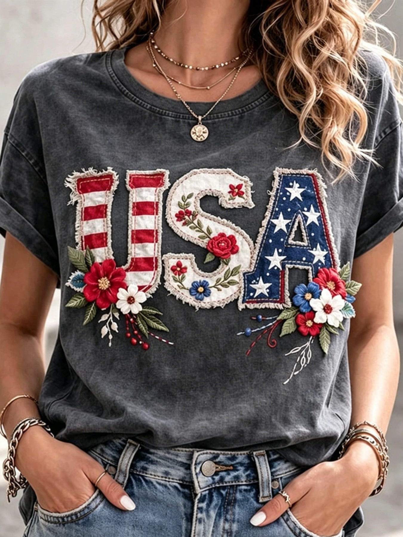 Women's Patriotic Graphic T-Shirt - Round Neck Short Sleeve – 9-Color Selection detail view