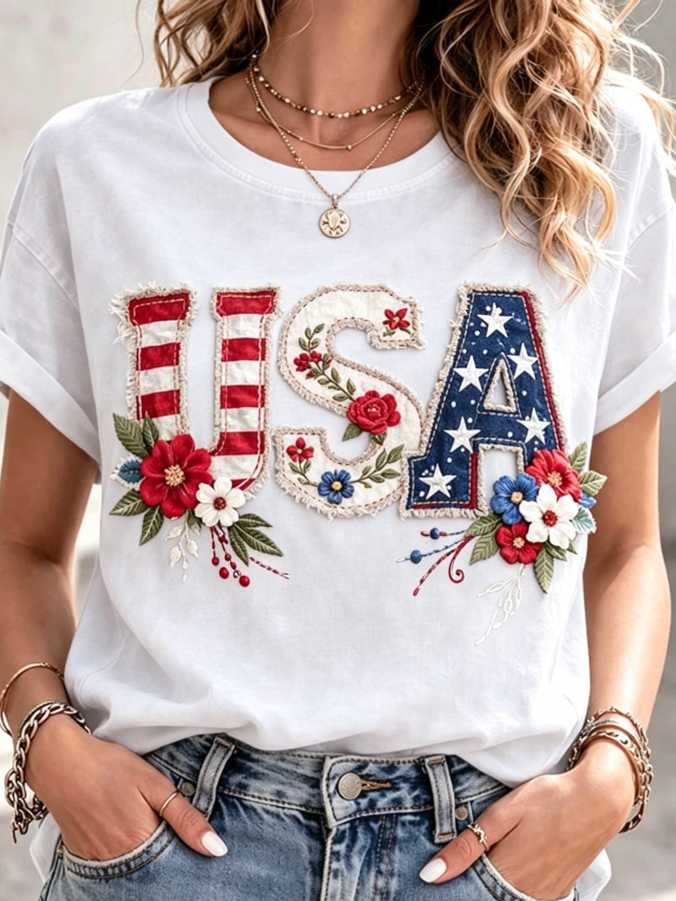 Women's Patriotic Graphic T-Shirt - Round Neck Short Sleeve – 9-Color Selection detail view