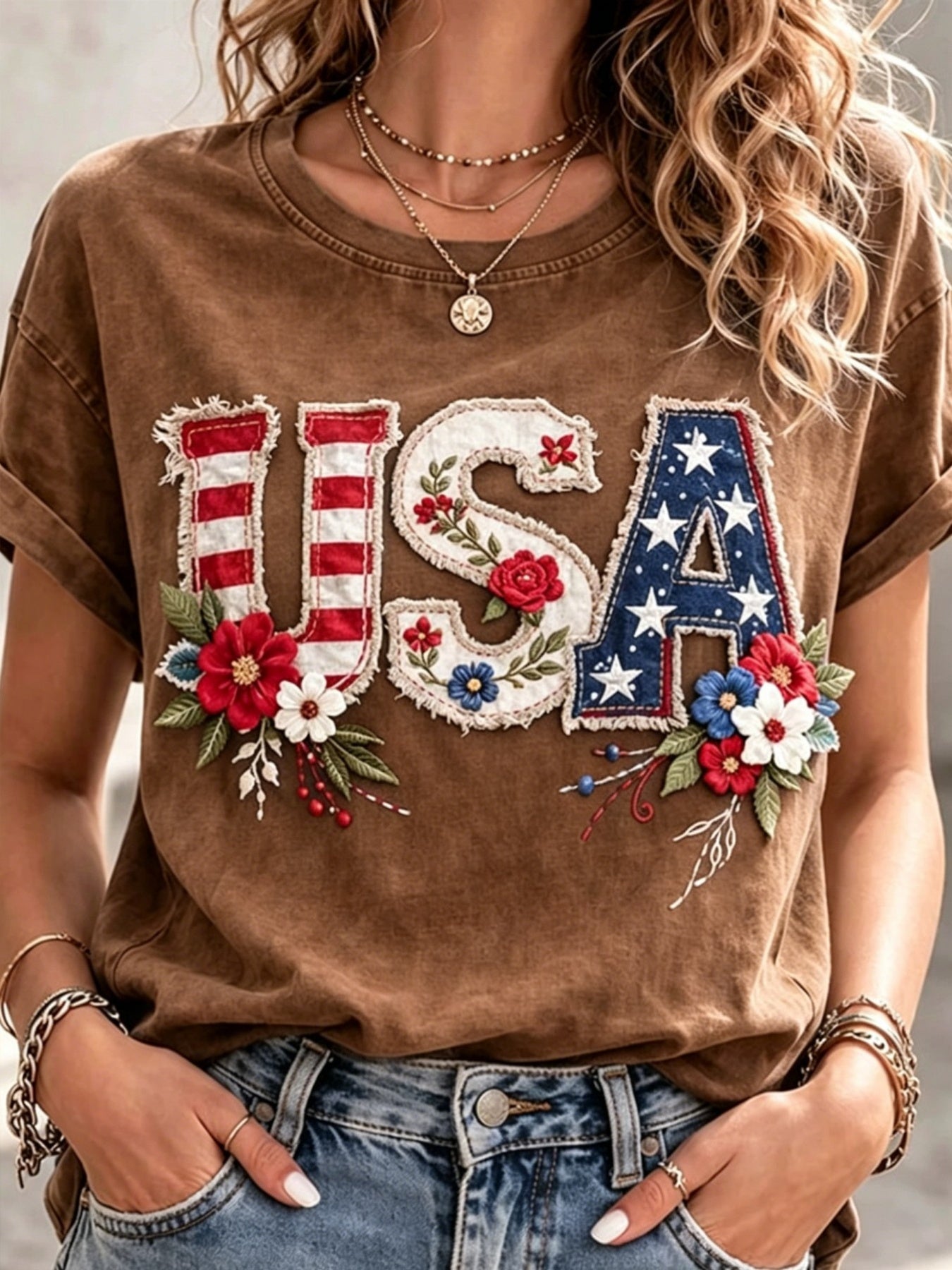Women's Patriotic Graphic T-Shirt - Round Neck Short Sleeve – 9-Color Selection detail view