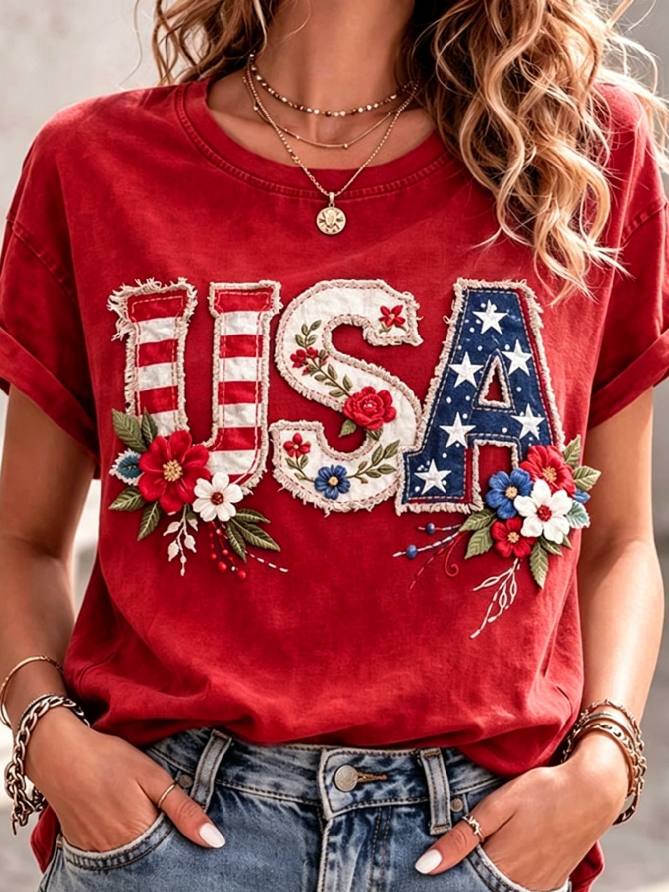 Women's Patriotic Graphic T-Shirt - Round Neck Short Sleeve – 9-Color Selection detail view