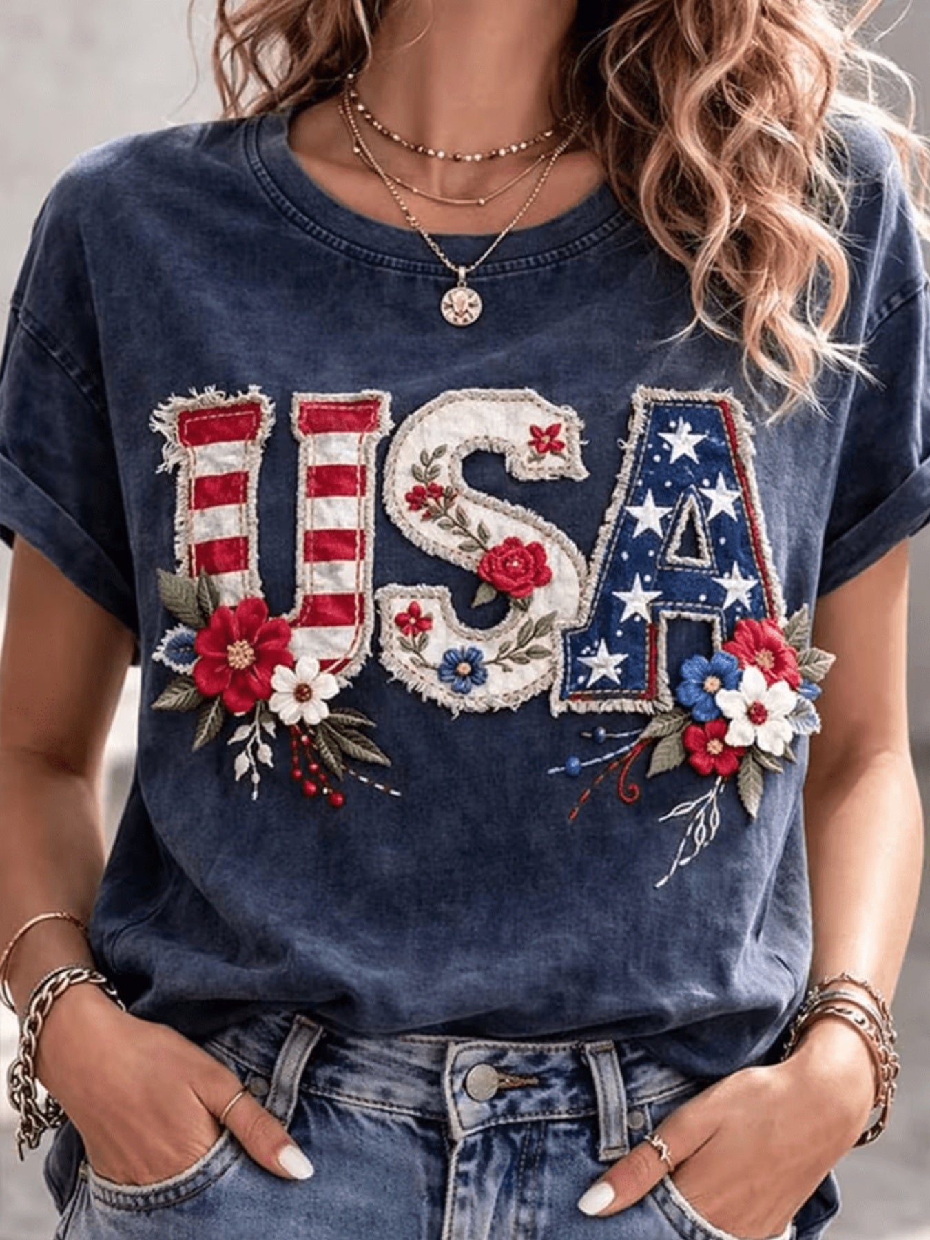 Women's Patriotic Graphic T-Shirt - Round Neck Short Sleeve – 9-Color Selection detail view