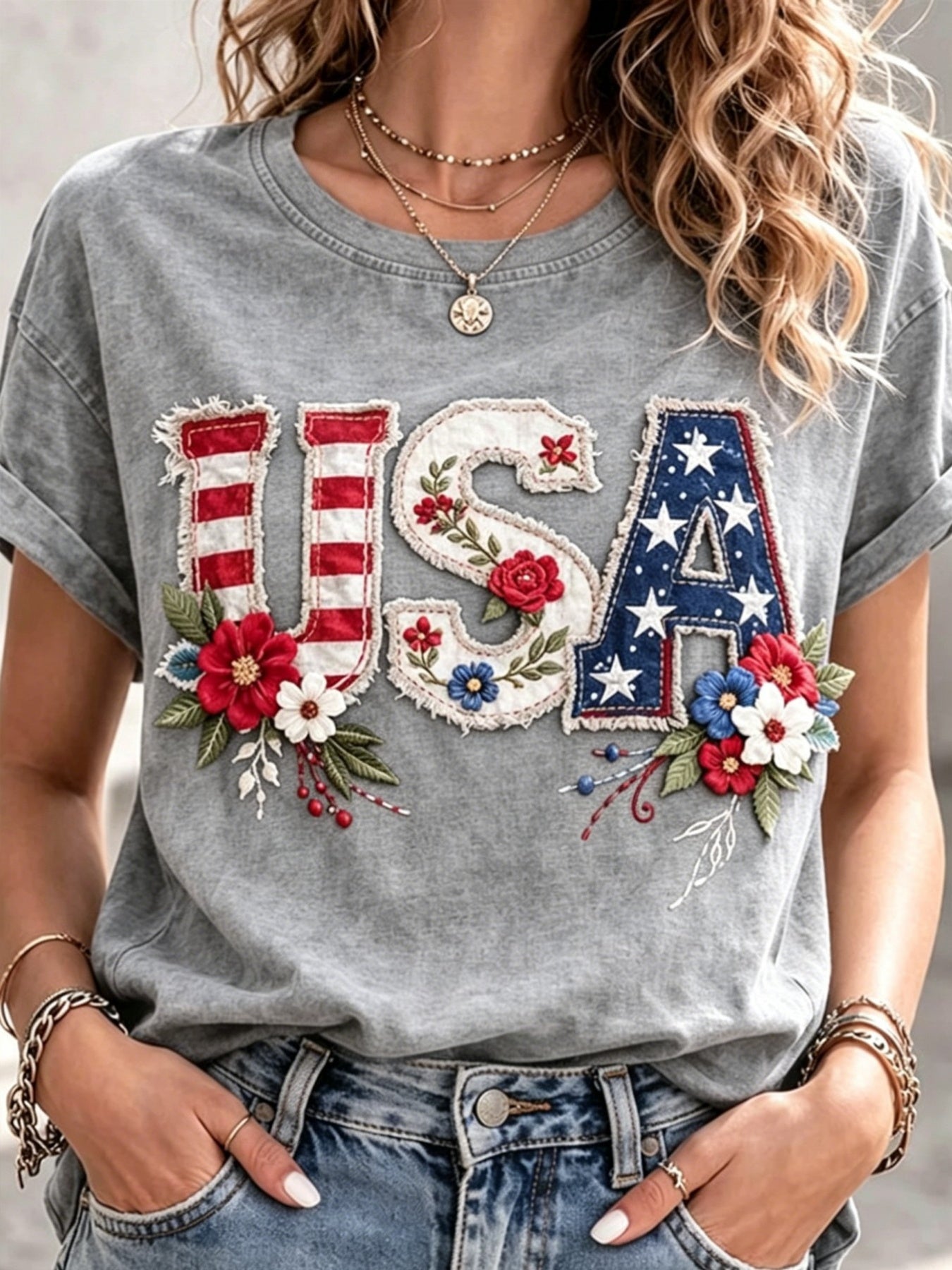 Women's Patriotic Graphic T-Shirt - Round Neck Short Sleeve – 9-Color Selection – Apricot option – view 2