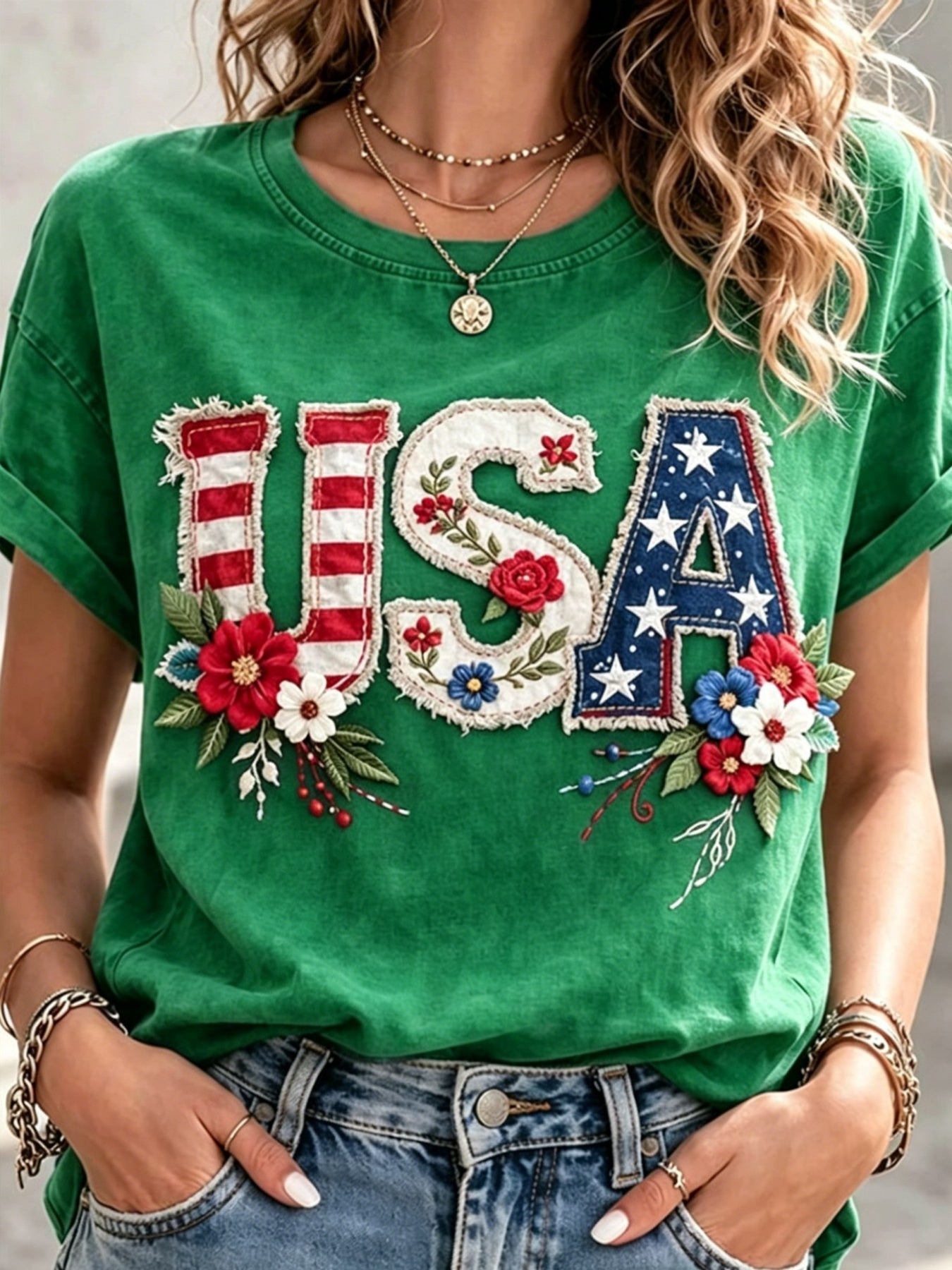 Women's Patriotic Graphic T-Shirt - Round Neck Short Sleeve – 9-Color Selection – Apricot option – view 6