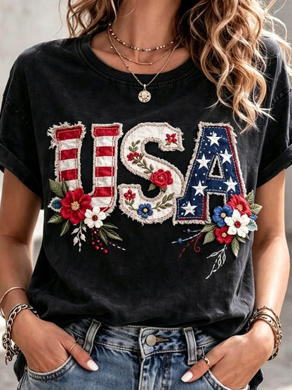 Women's Patriotic Graphic T-Shirt - Round Neck Short Sleeve – 9-Color Selection – Apricot option – view 7
