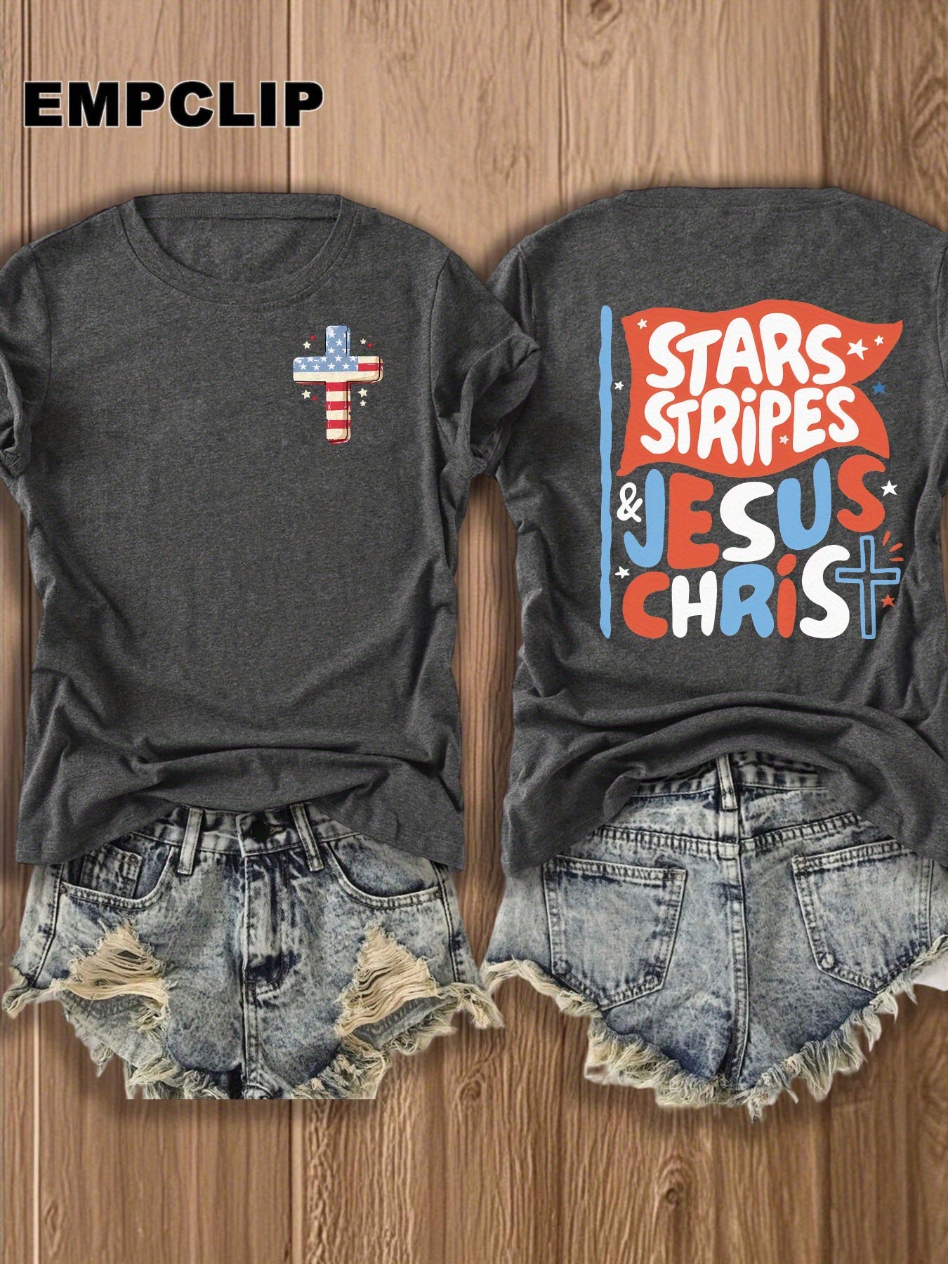 Women's Patriotic Graphic T-Shirt - Round Neck Short Sleeve – Navy Color detail view