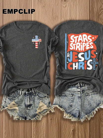 Women's Patriotic Graphic T-Shirt - Round Neck Short Sleeve – Navy Color detail view