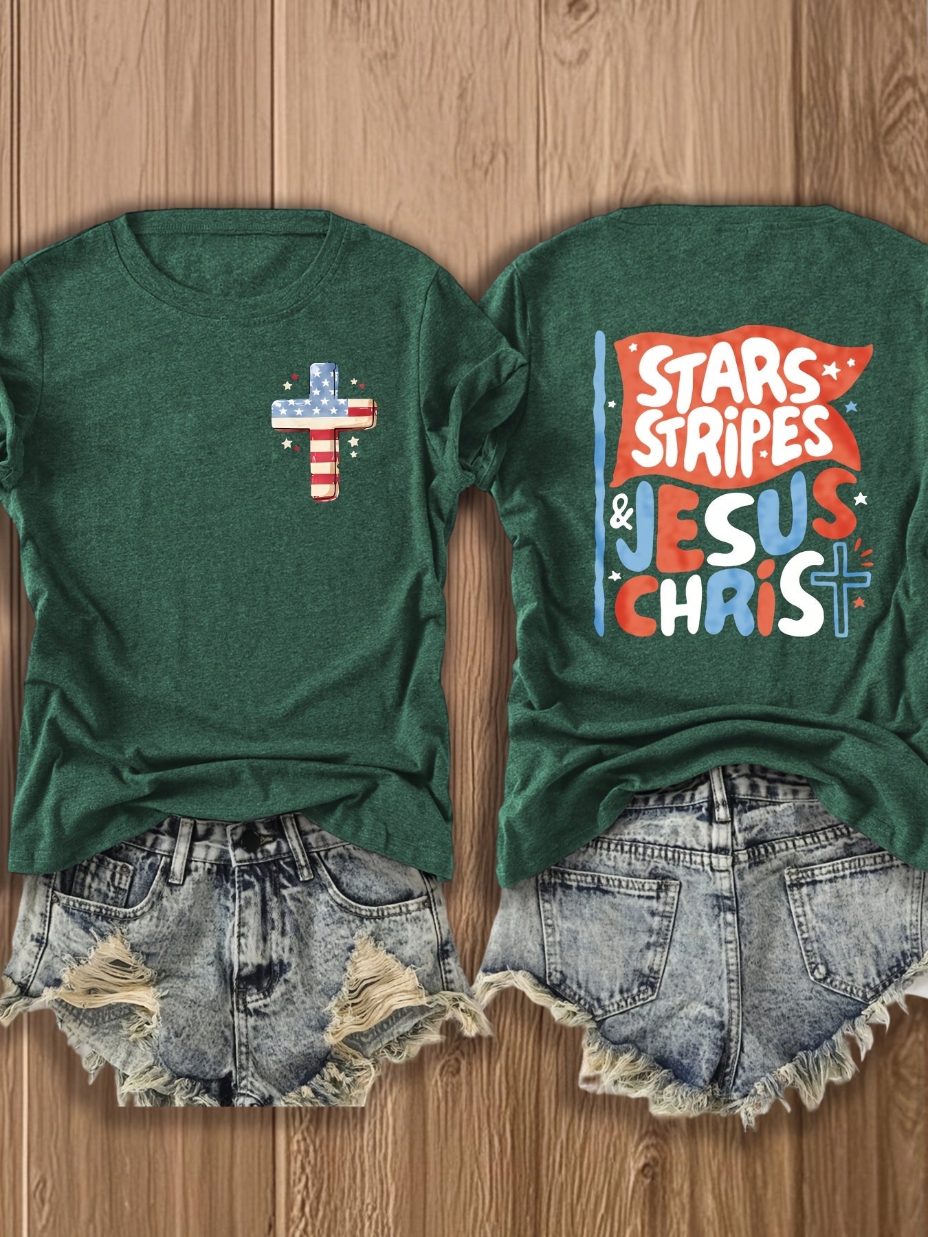 Women's Patriotic Graphic T-Shirt - Round Neck Short Sleeve – Navy Color detail view