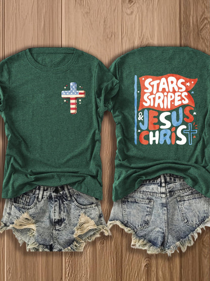 Women's Patriotic Graphic T-Shirt - Round Neck Short Sleeve – Navy Color detail view