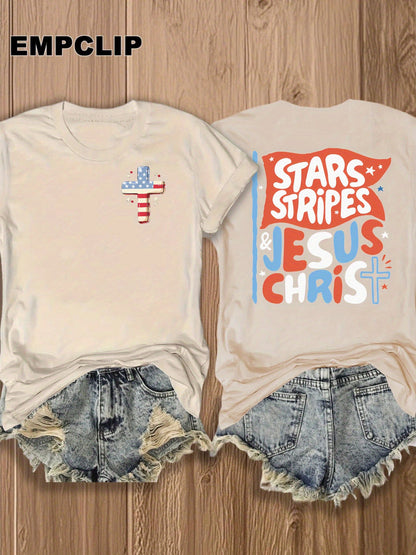 Women's Patriotic Graphic T-Shirt - Round Neck Short Sleeve – Navy Color detail view