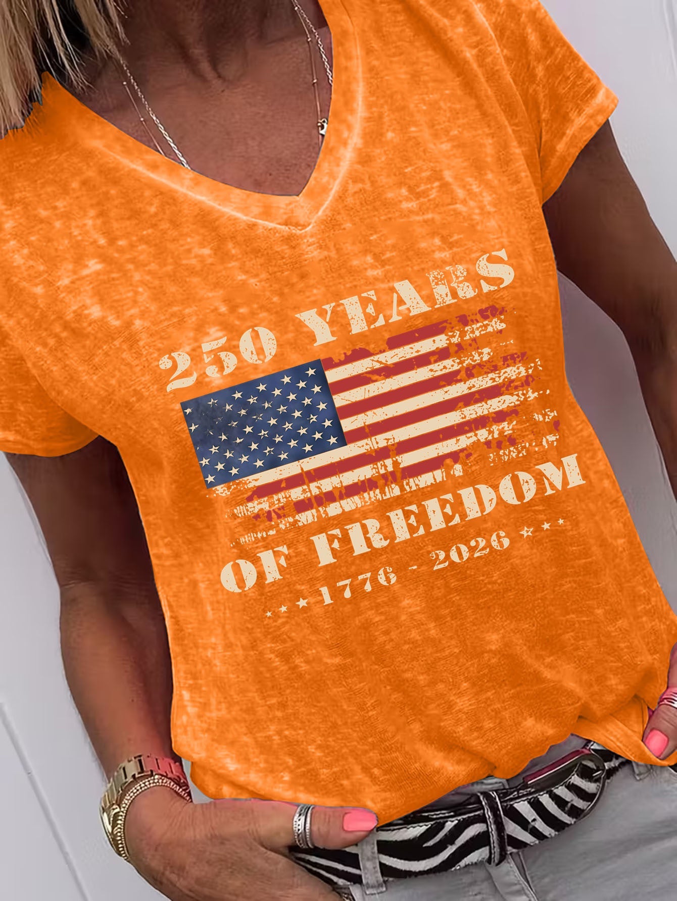 Women's Patriotic Print Blouse - V-Neck Short Sleeve detail view