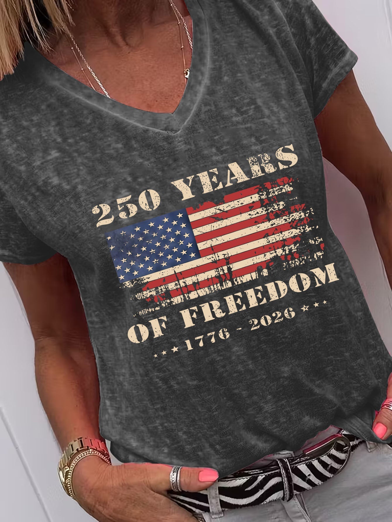 Women's Patriotic Print Blouse - V-Neck Short Sleeve detail view