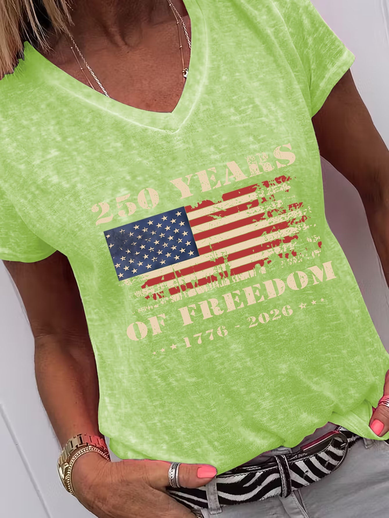 Women's Patriotic Print Blouse - V-Neck Short Sleeve detail view