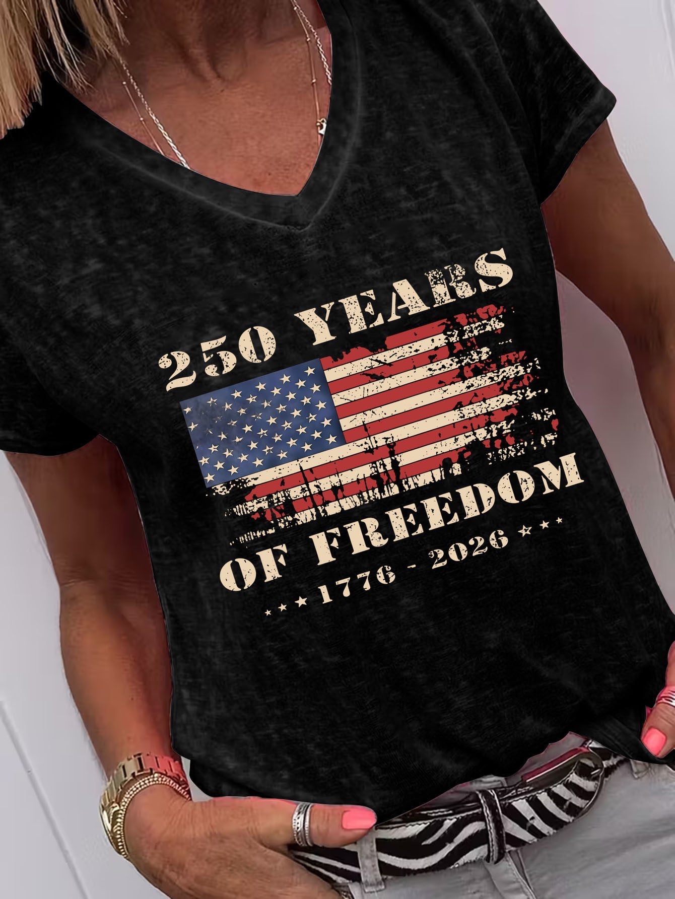 Women's Patriotic Print Blouse - V-Neck Short Sleeve – Orange option – view 2