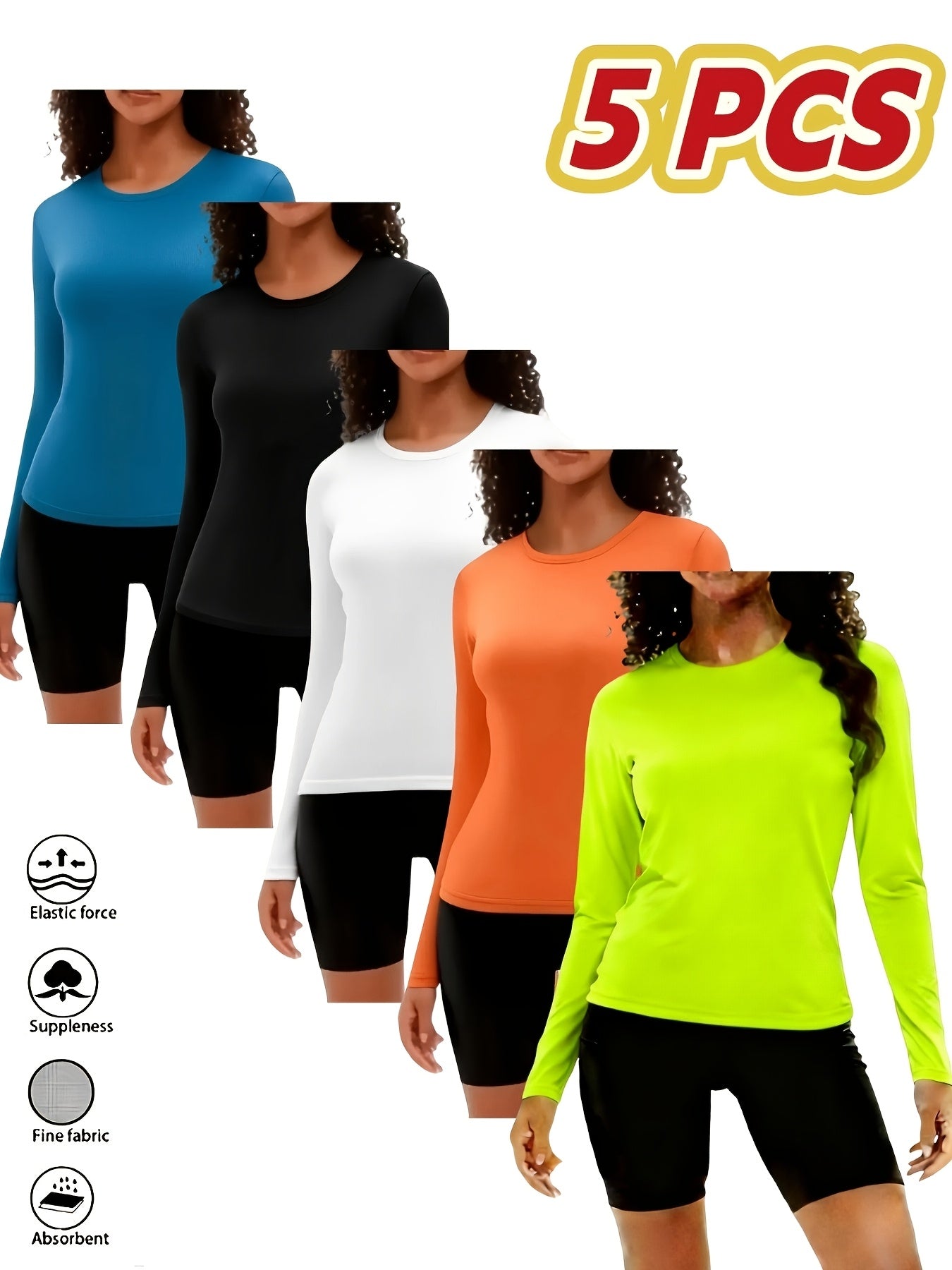 Women's Performance T-Shirt - 5-Pack Round Neck Long Sleeve – Sizes XS–XXL detail view