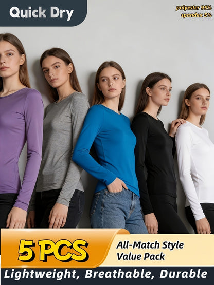 Women's Performance T-Shirt - 5-Pack Round Neck Long Sleeve – Sizes XS–XXL detail view