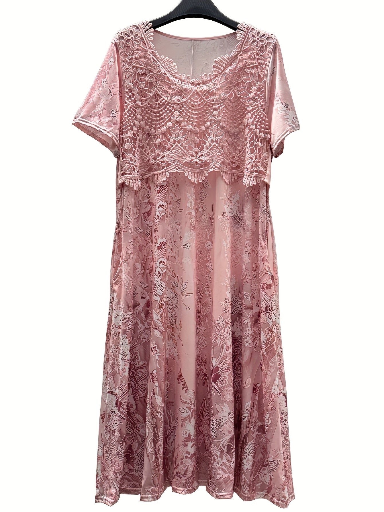 Women's Pink Floral Midi Casual Dress - Short Sleeve detail view