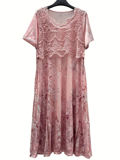 Women's Pink Floral Midi Casual Dress - Short Sleeve detail view