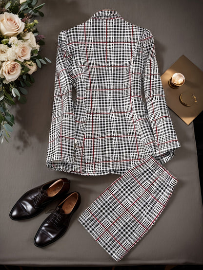 Women's Plaid Blazer and Skirt Set - High-Waist Office detail view
