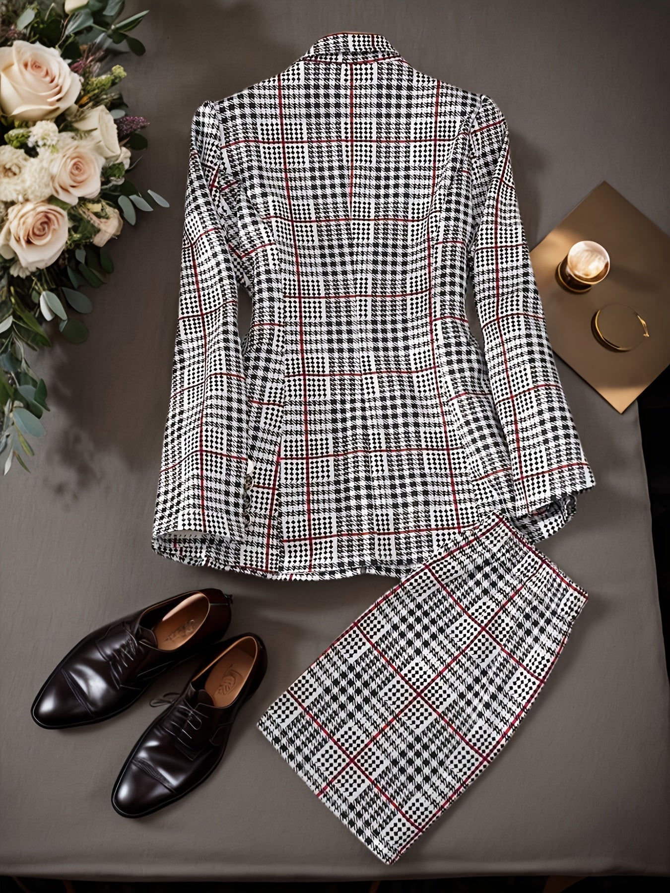 Women's Plaid Blazer and Skirt Set - High-Waist Office detail view