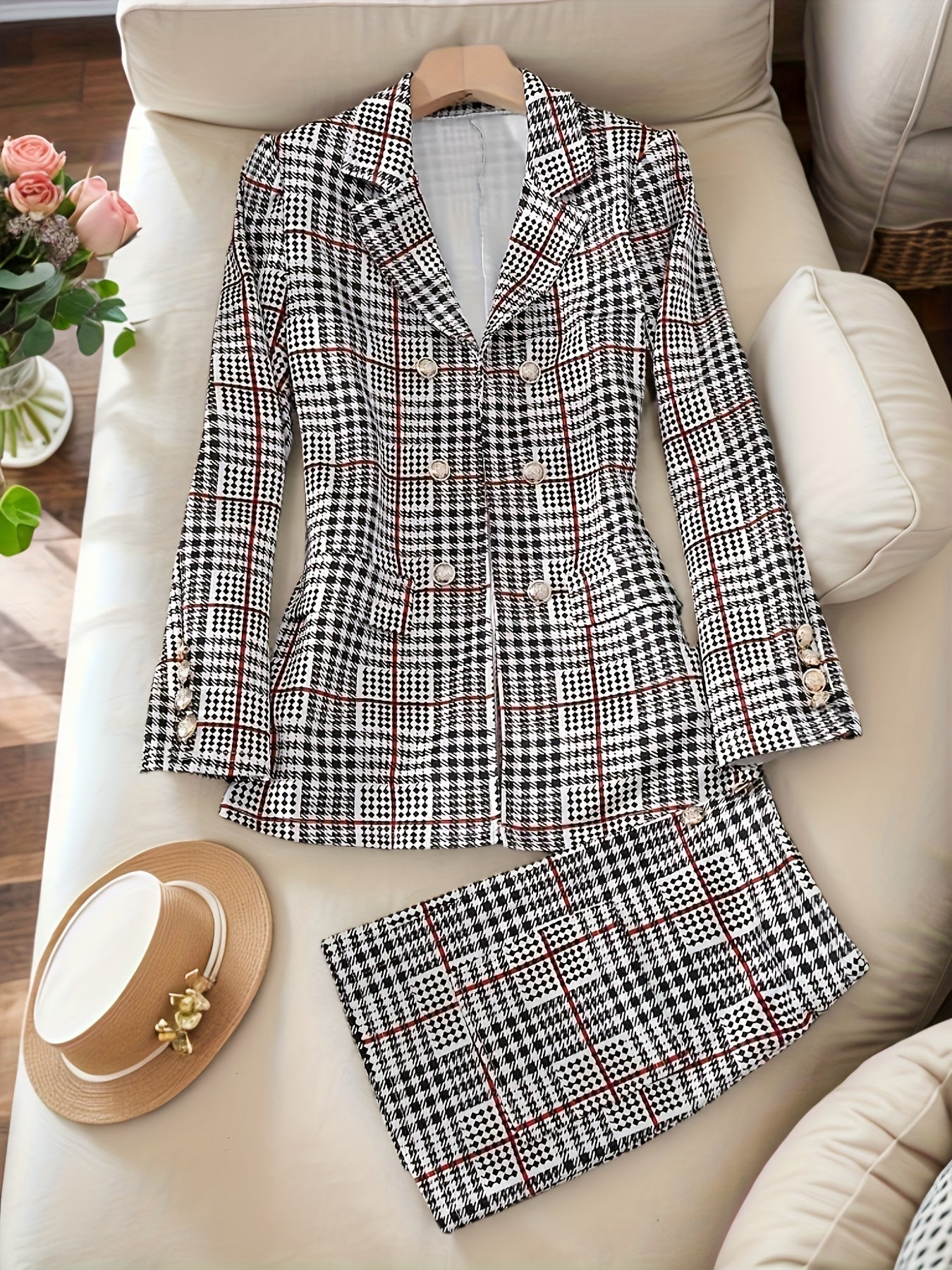 Women's Plaid Blazer and Skirt Set - High-Waist Office detail view