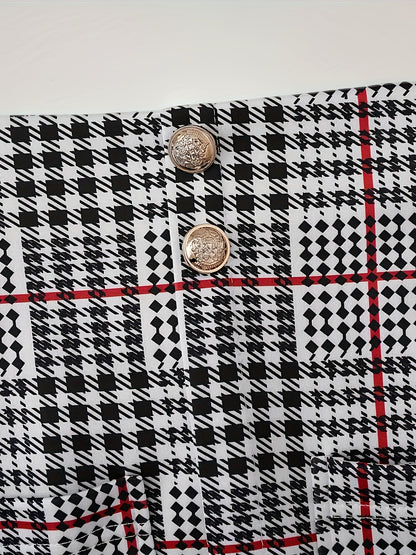 Women's Plaid Blazer and Skirt Set - High-Waist Office detail view