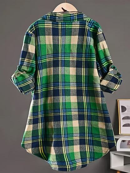 Women's Plaid Blouse - Collared Long Sleeve – Green / Red detail view