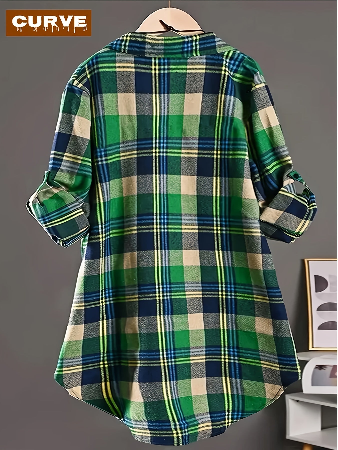 Women's Plaid Blouse - Collared Long Sleeve – Green / Red detail view