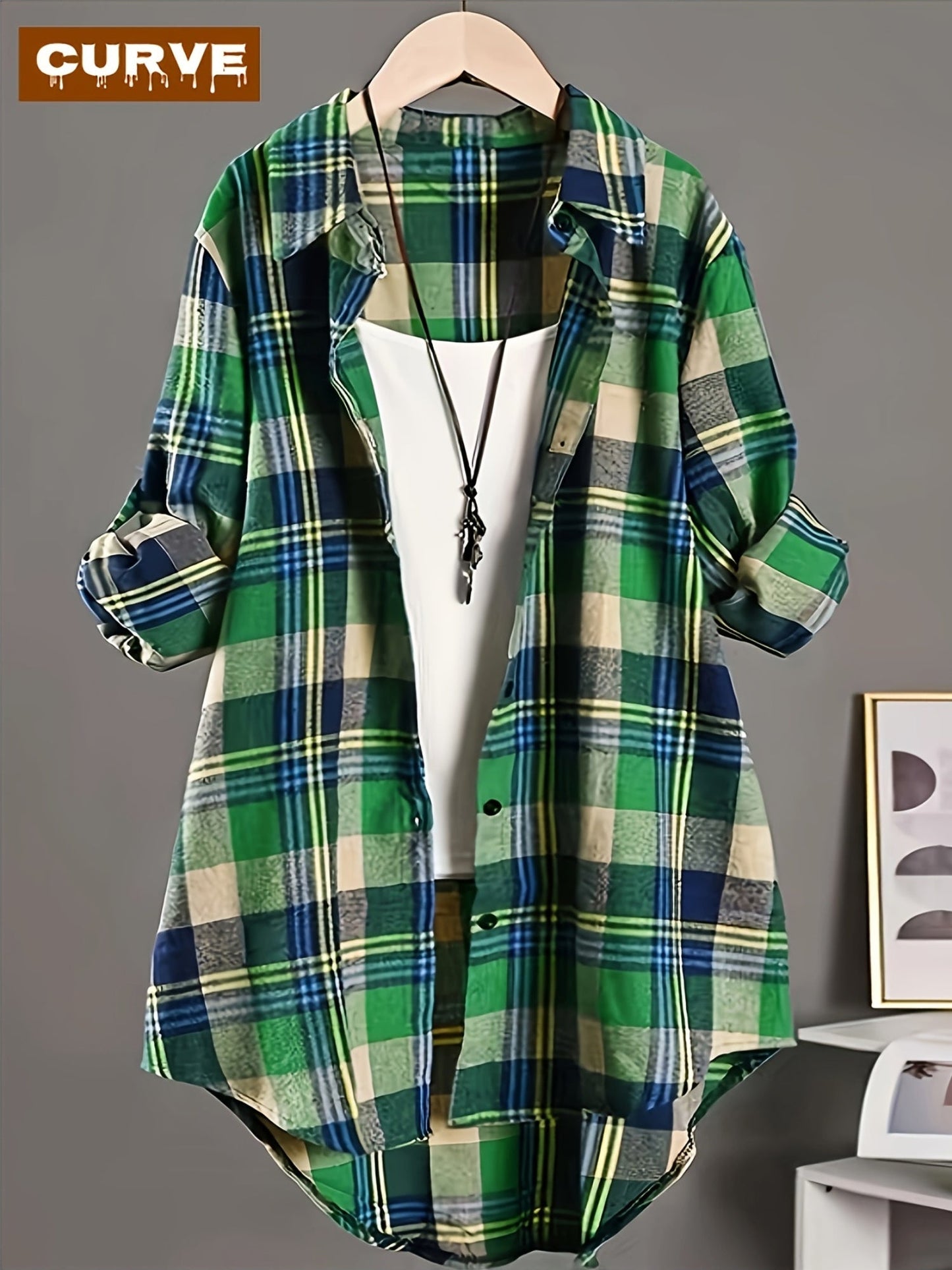 Women's Plaid Blouse - Collared Long Sleeve – Green / Red – Green option – main product image