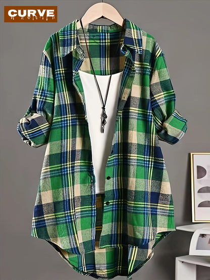 Women's Plaid Blouse - Collared Long Sleeve – Green / Red – Green option – main product image