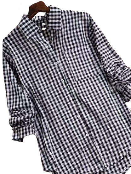 Women's Plaid Blouse - Collared Long Sleeve – Pink – view 3