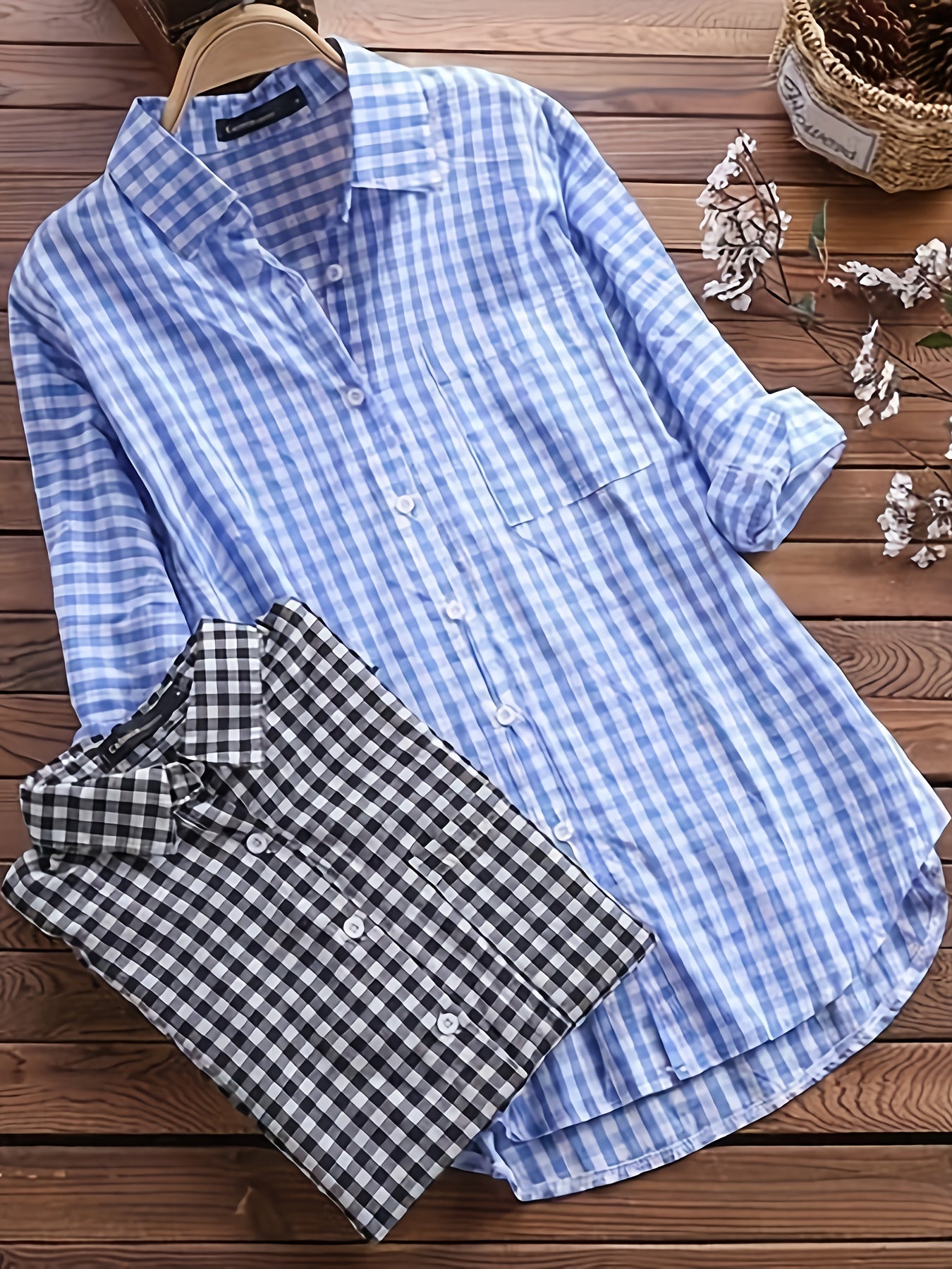 Women's Plaid Blouse - Collared Long Sleeve – Pink – view 4