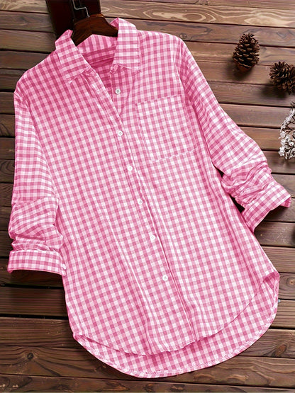 Women's Plaid Blouse - Collared Long Sleeve – Pink – view 6