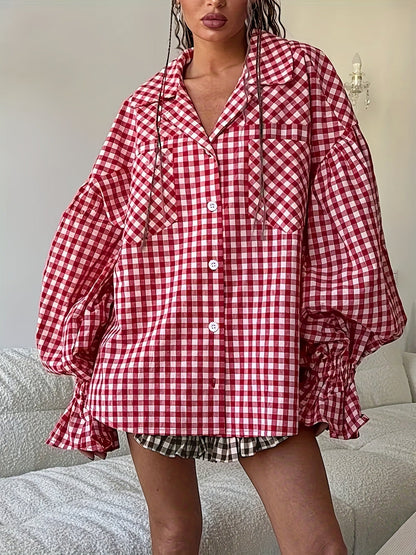 Women's Plaid Blouse - Collared Short Sleeve – main product image