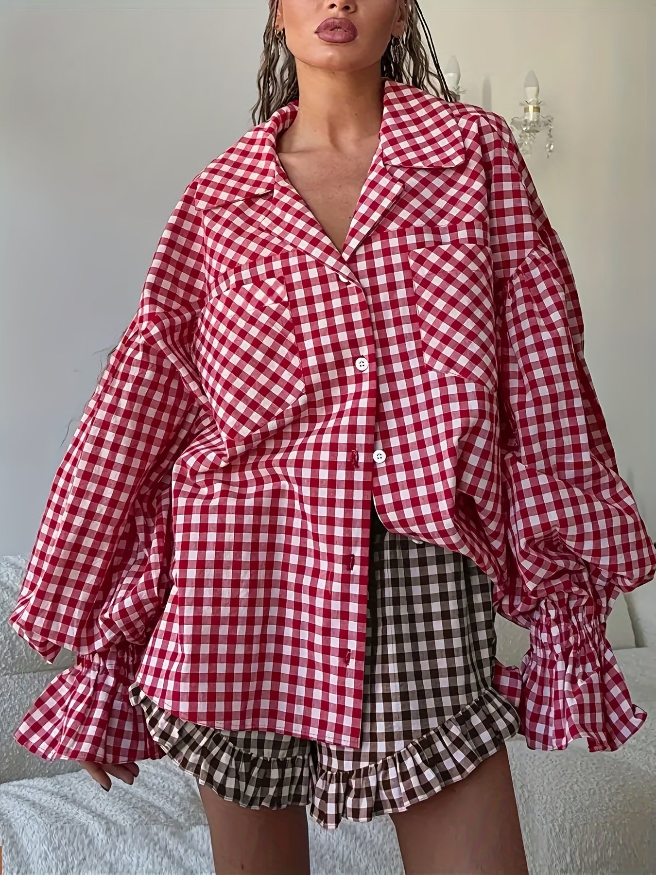 Women's Plaid Blouse - Collared Short Sleeve detail view