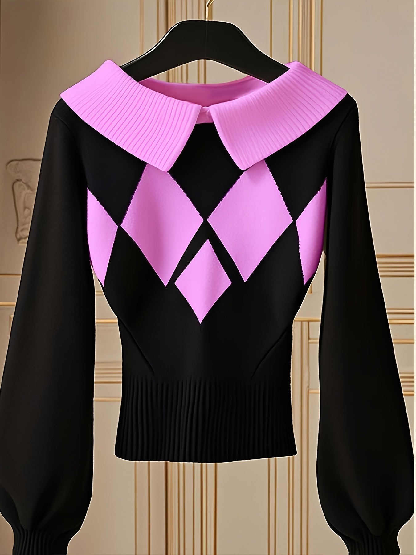 Women's Plaid Pullover Sweater - Classic Neck Long Sleeve detail view