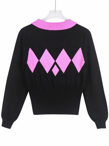 Women's Plaid Pullover Sweater - Classic Neck Long Sleeve detail view