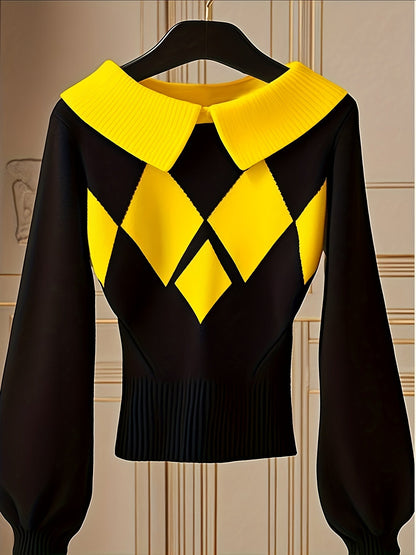 Women's Plaid Pullover Sweater - Classic Neck Long Sleeve – Black option – main product image