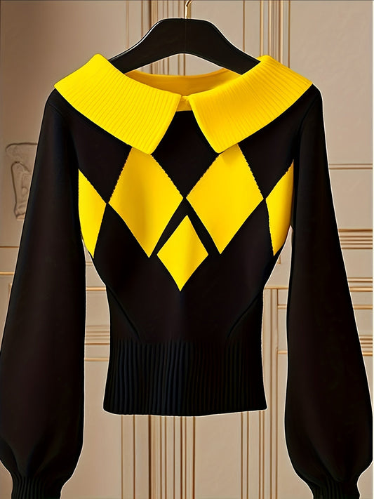 Women's Plaid Pullover Sweater - Classic Neck Long Sleeve – Black option – main product image