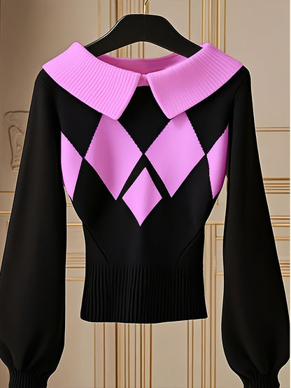 Women's Plaid Pullover Sweater - Classic Neck Long Sleeve – Black option – view 2