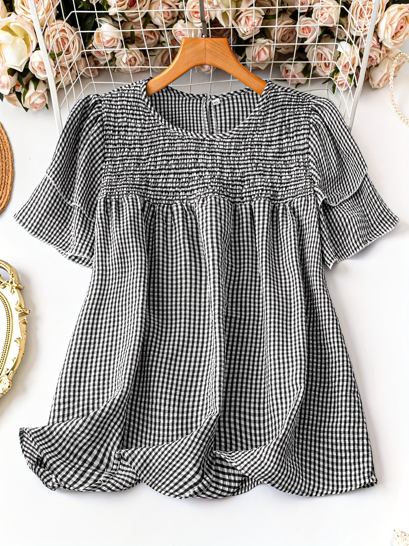 Women's Plaid Shirt - Short Sleeve – Sizes 0XL–5XL – Black option – main product image