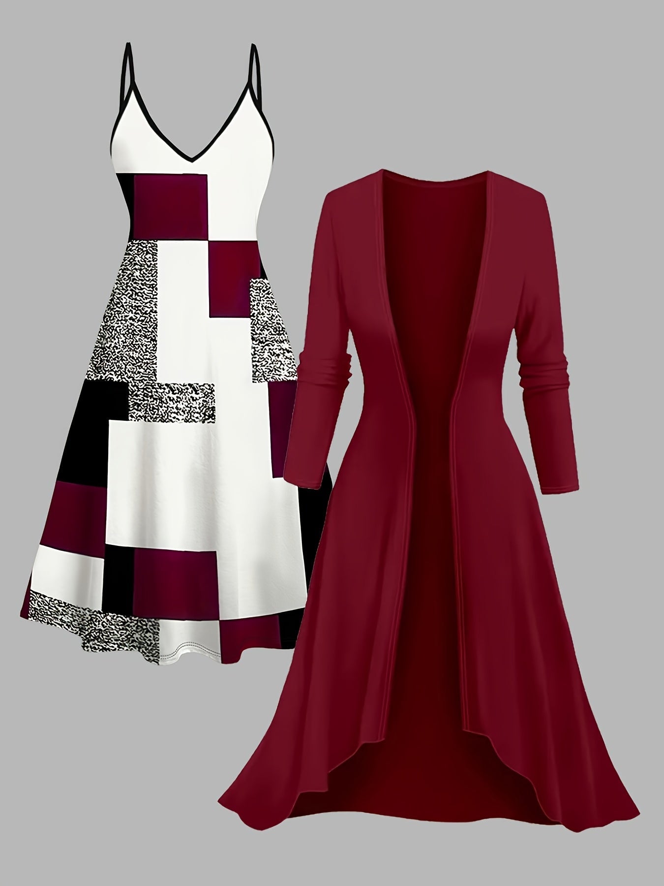 Women's Plaid Top and Long Coat Set - Two-Piece Knit Style detail view