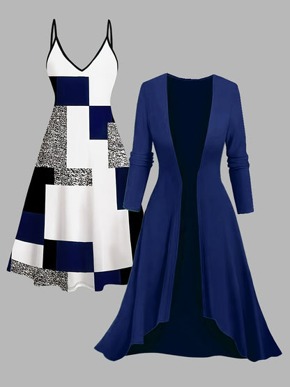 Women's Plaid Top and Long Coat Set - Two-Piece Knit Style detail view
