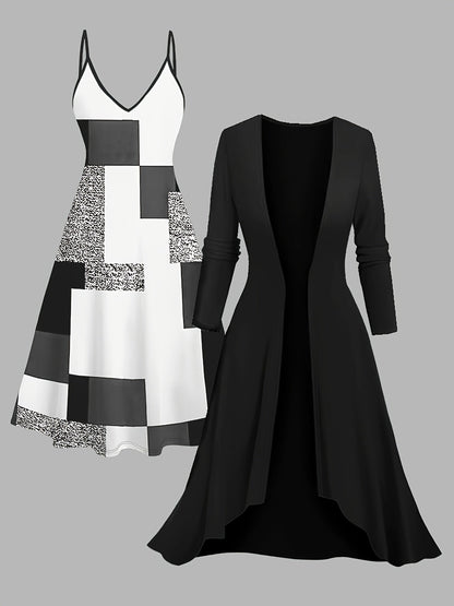 Women's Plaid Top and Long Coat Set - Two-Piece Knit Style detail view