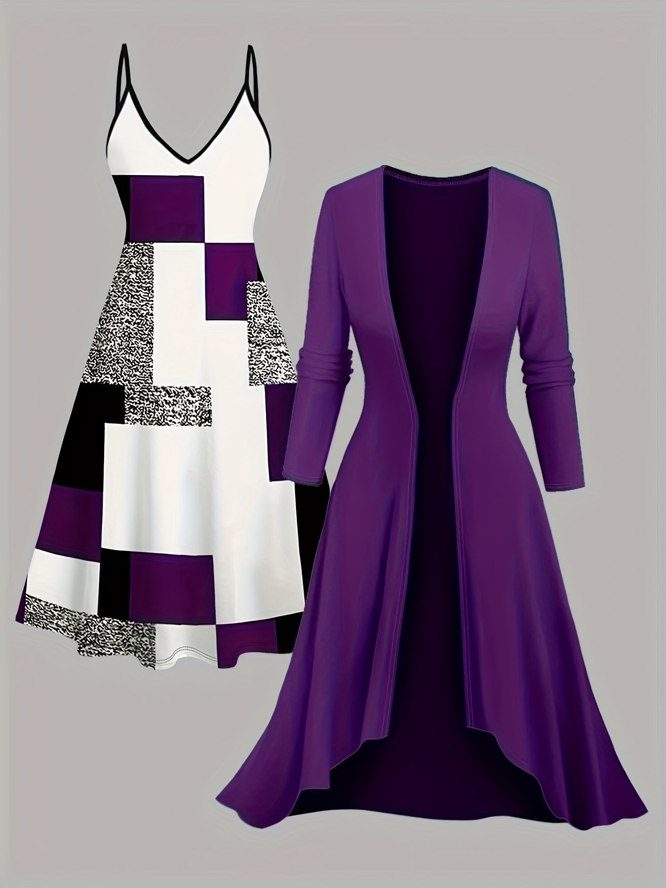 Women's Plaid Top and Long Coat Set - Two-Piece Knit Style – Purple option – view 4