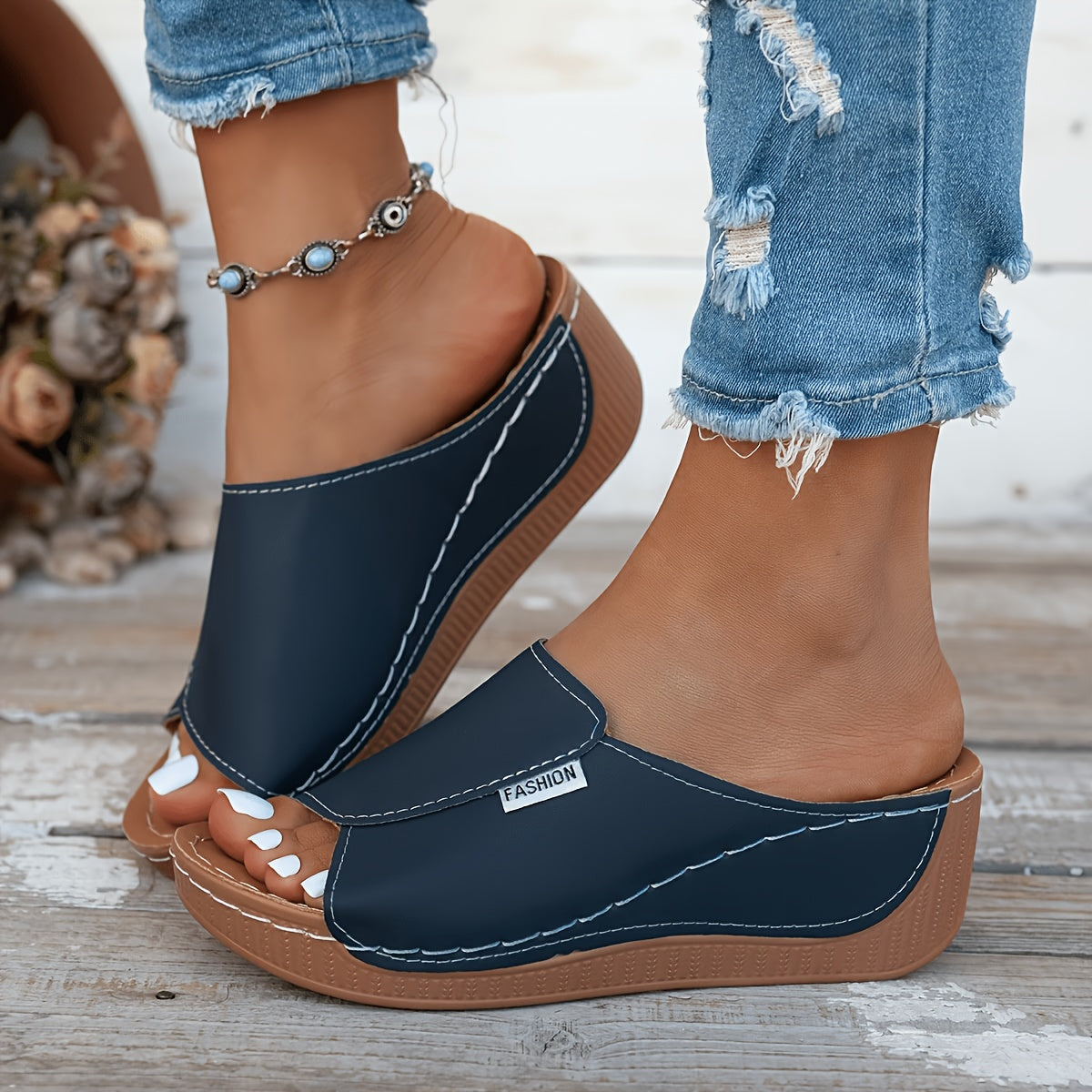 Women's Platform Sandals – Slip-On for Everyday Wear – Black – Black option – view 2