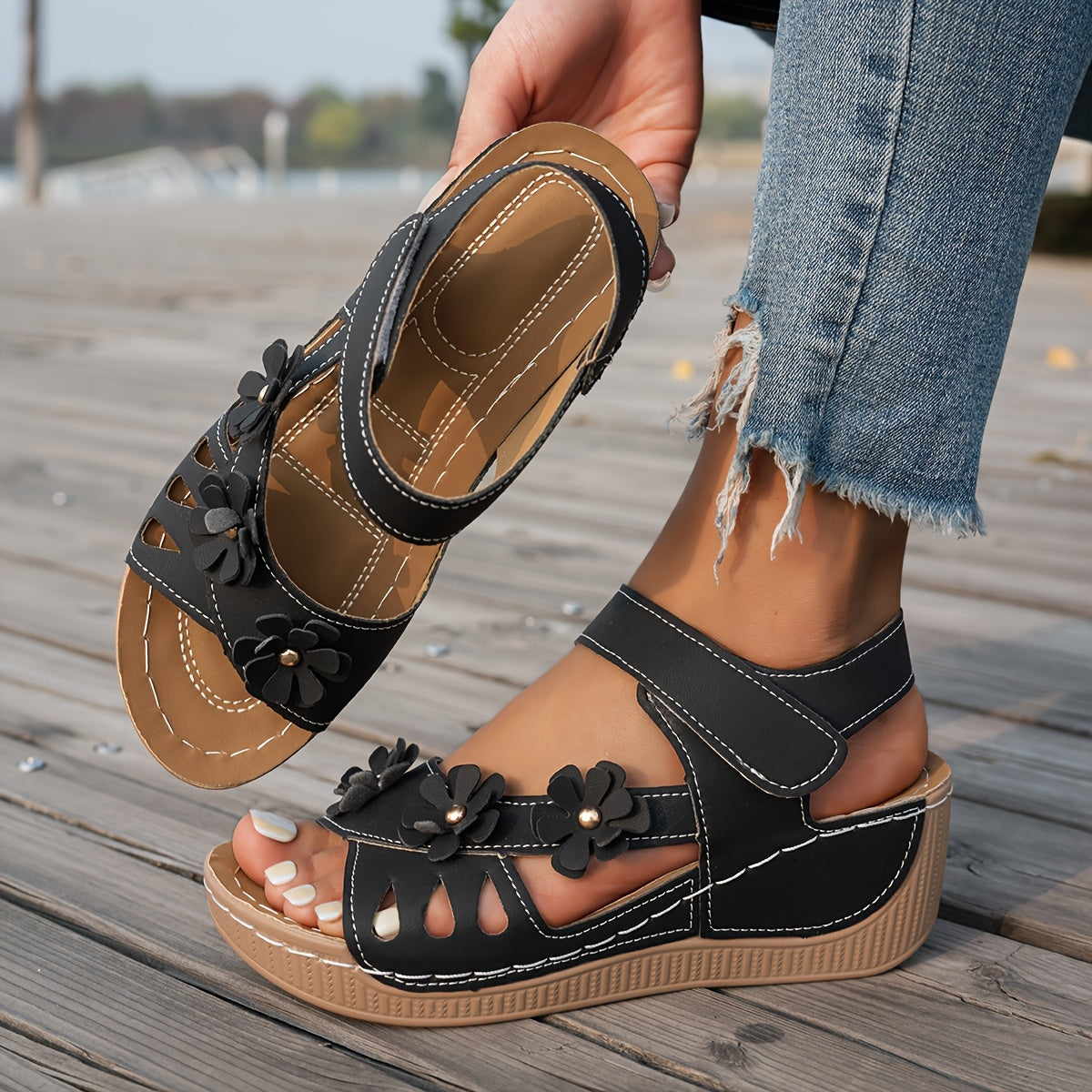 Women's Platform Sandals – Slip-On for Everyday Wear – Khaki Floral – view 4