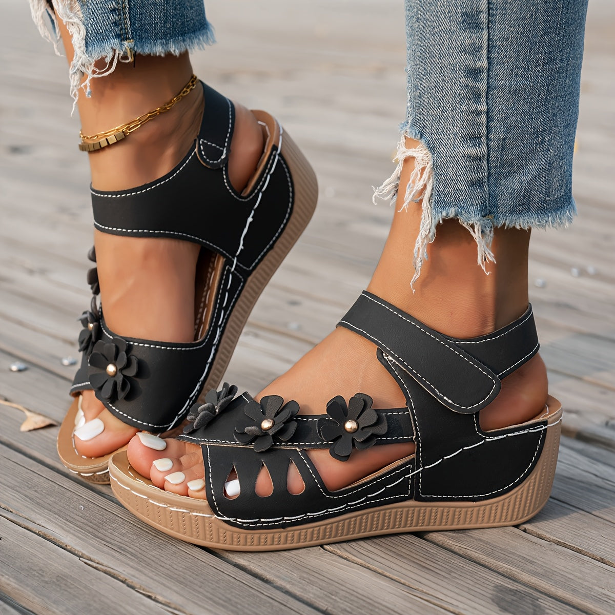 Women's Platform Sandals – Slip-On for Everyday Wear – Khaki Floral – Khaki option – view 2